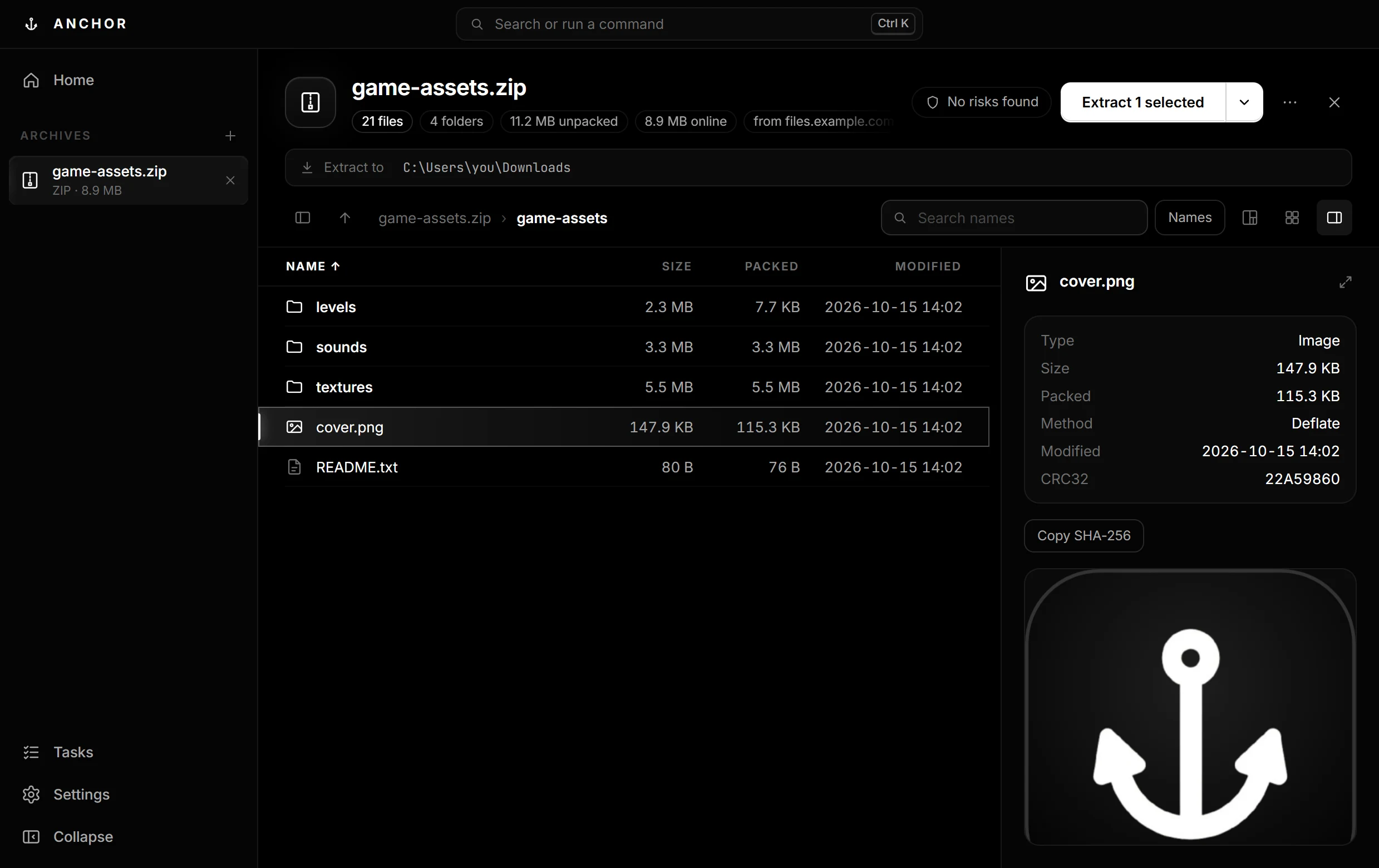 Anchor showing the contents of a ZIP archive opened from a link, with a preview of an image