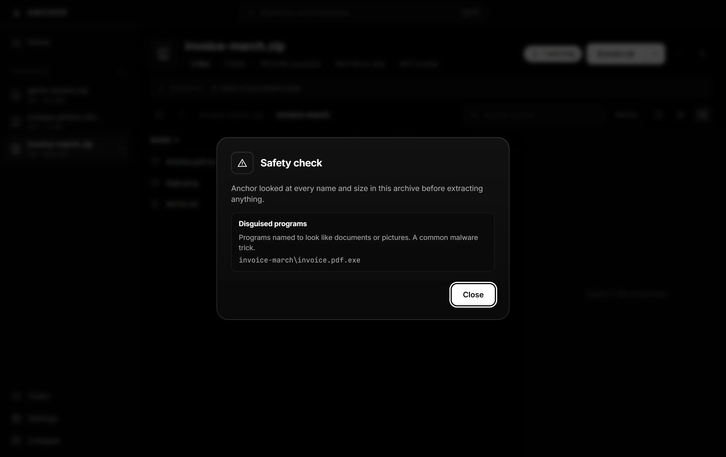 Anchor's safety check warning about invoice.pdf.exe